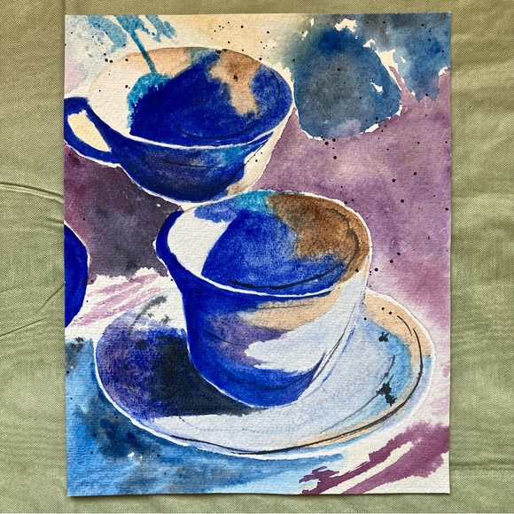 Watercolor Kitchen Dining Wall Art, Teacup Painting Framed in Acid Free Art Kit - Picture 3 of 5